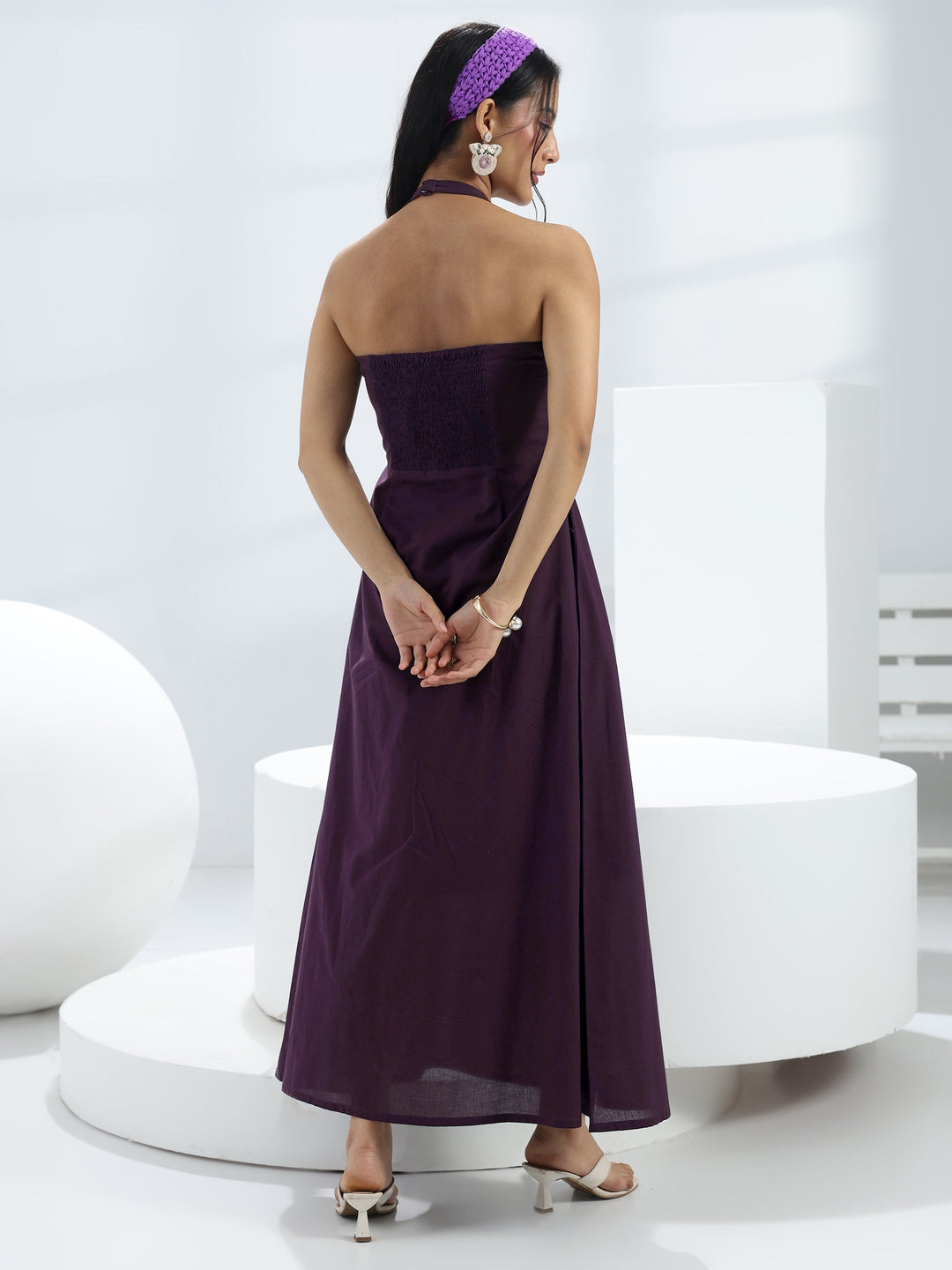 Purple Solid Cotton A-Line One-Piece Dress