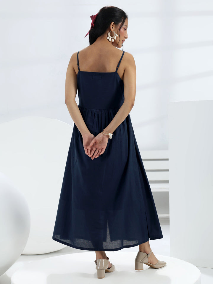 Navy Blue Solid Cotton A-Line One-Piece Dress
