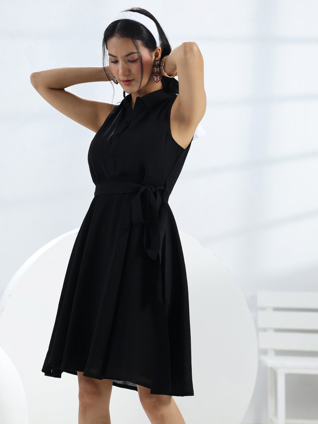 Buy Black Solid Cotton One-Piece Collar Dress Online in USA at $26.00