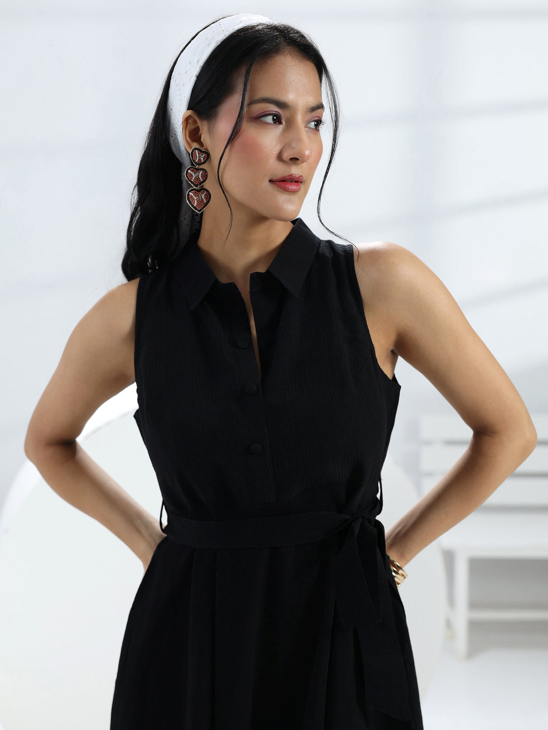 Black Solid Cotton One-Piece Collar Dress