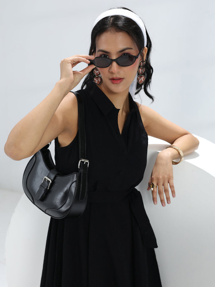 Black Solid Cotton One-Piece Collar Dress
