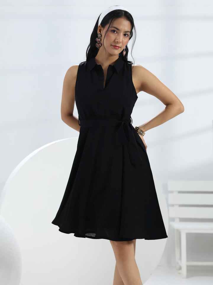 Black Solid Cotton One-Piece Collar Dress