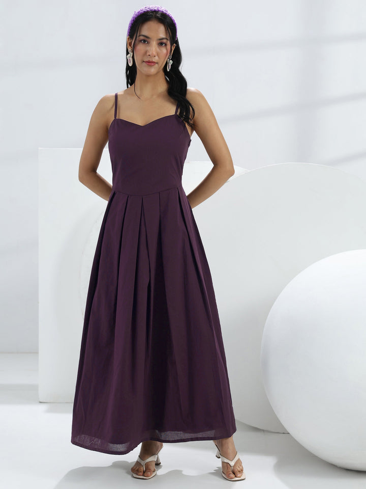 Purple Solid Cotton A-Line One-Piece Dress