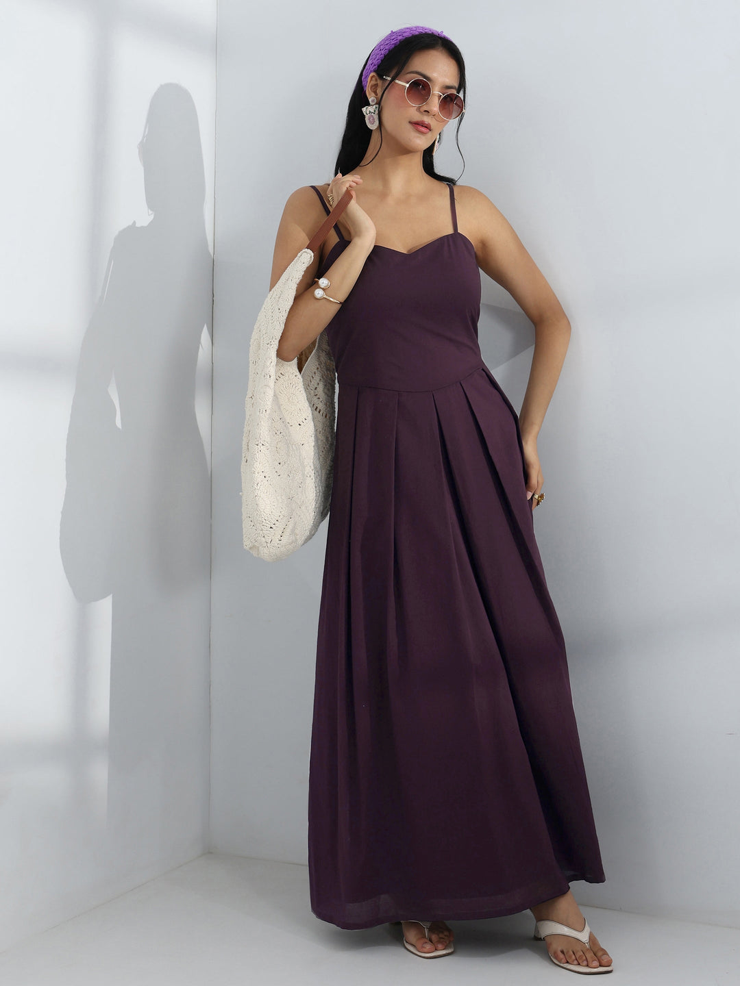 Purple Solid Cotton A-Line One-Piece Dress
