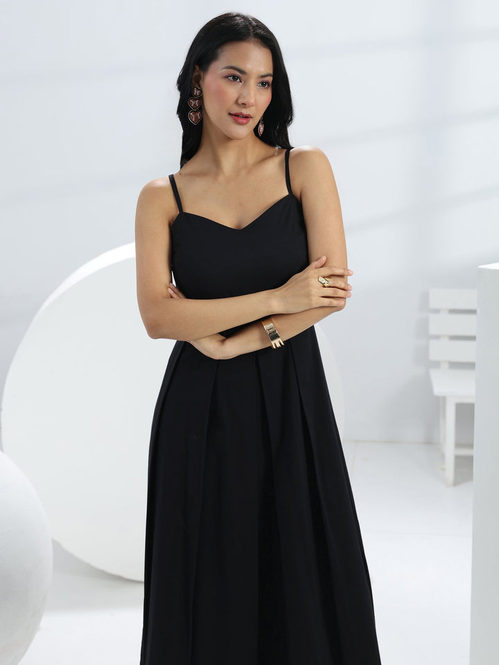 Black Solid Cotton A-Line One-Piece Dress