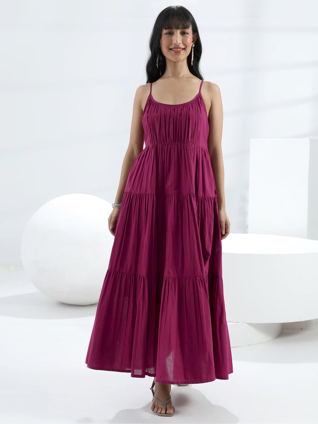 Burgundy Solid Cotton One-Piece Dress