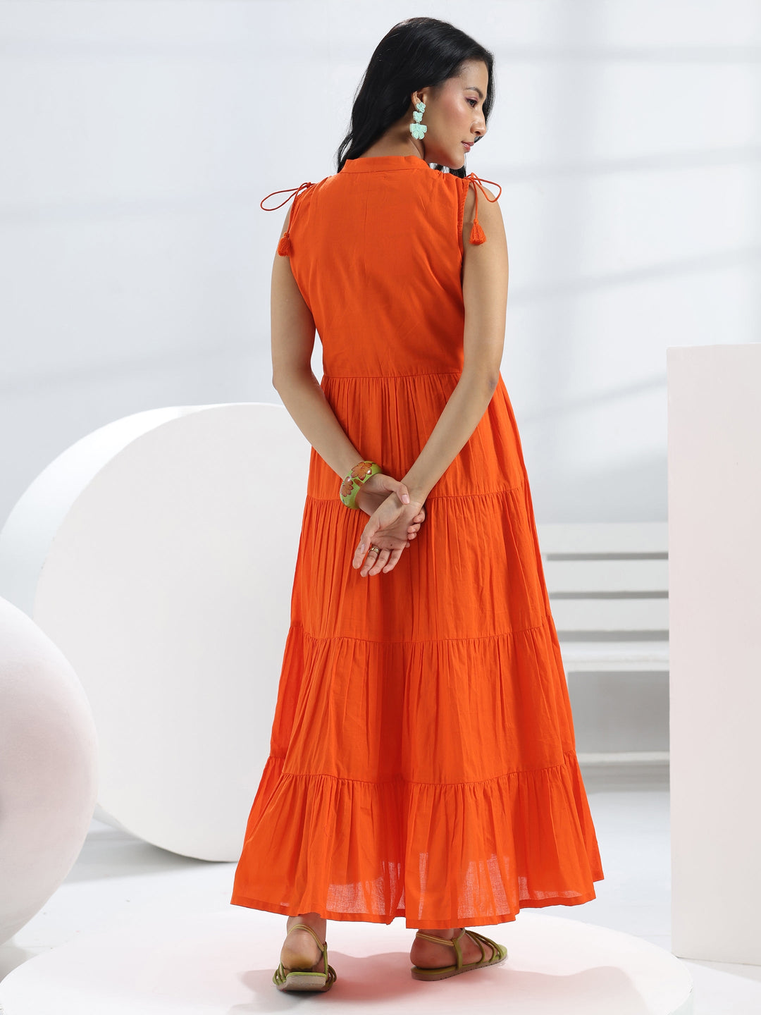 Orange Solid Cotton A-Line One-Piece Tiered Dress