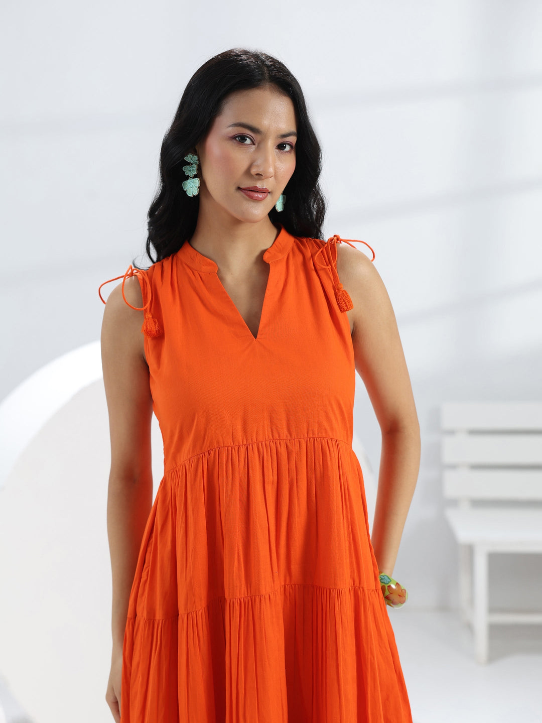 Orange Solid Cotton A-Line One-Piece Tiered Dress