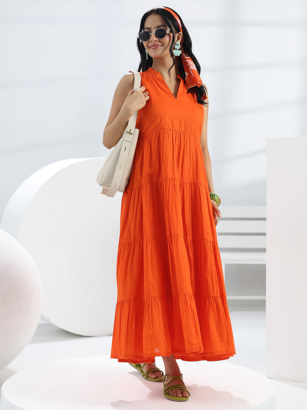 Orange Solid Cotton A-Line One-Piece Tiered Dress