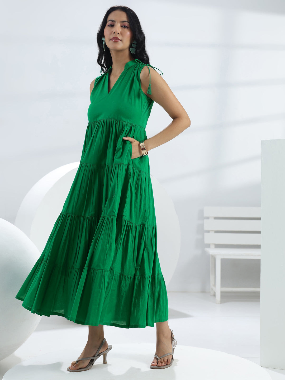 Green Solid Cotton A-Line One-Piece Tiered Dress