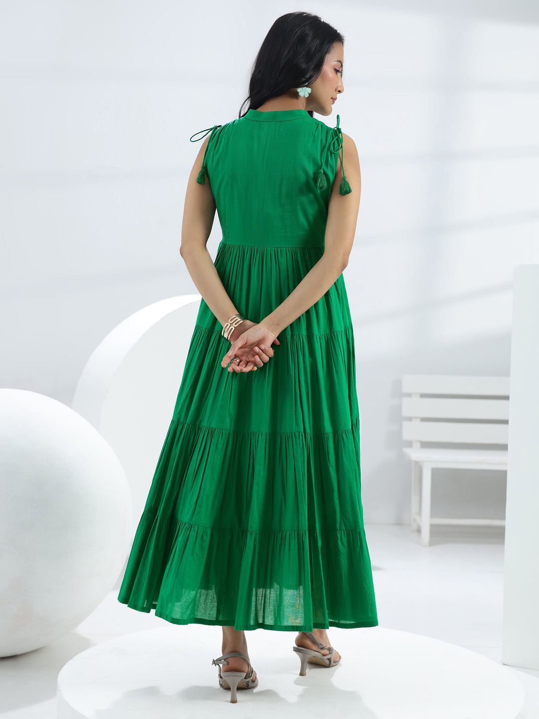 Green Solid Cotton A-Line One-Piece Tiered Dress