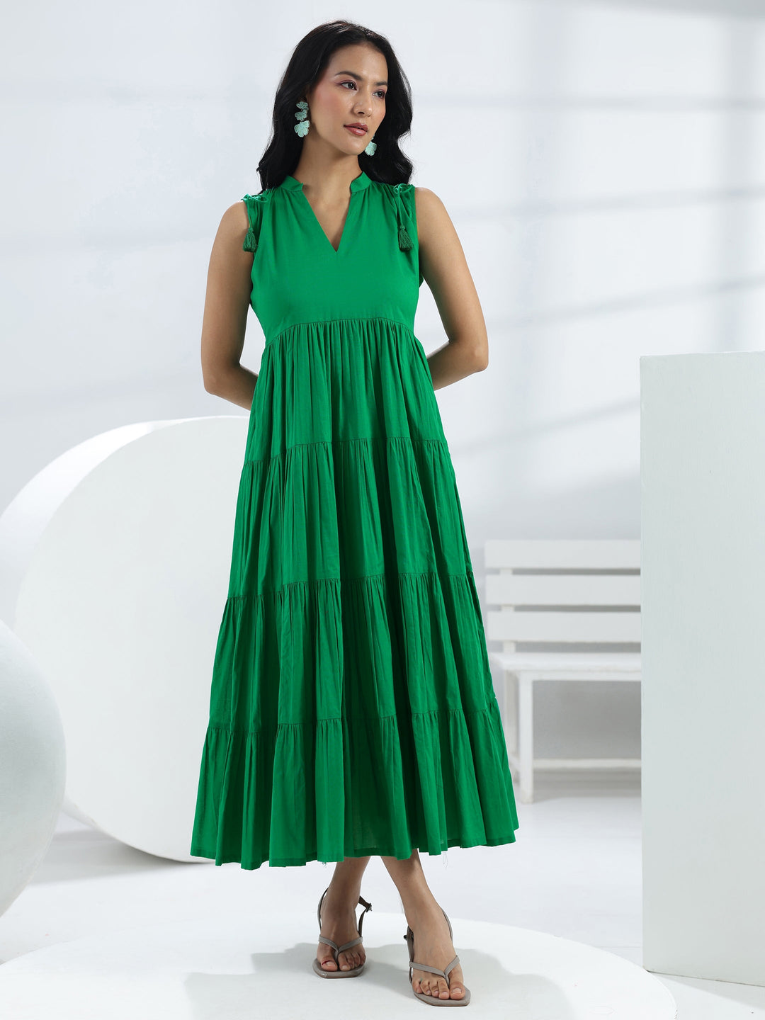Green Solid Cotton A-Line One-Piece Tiered Dress