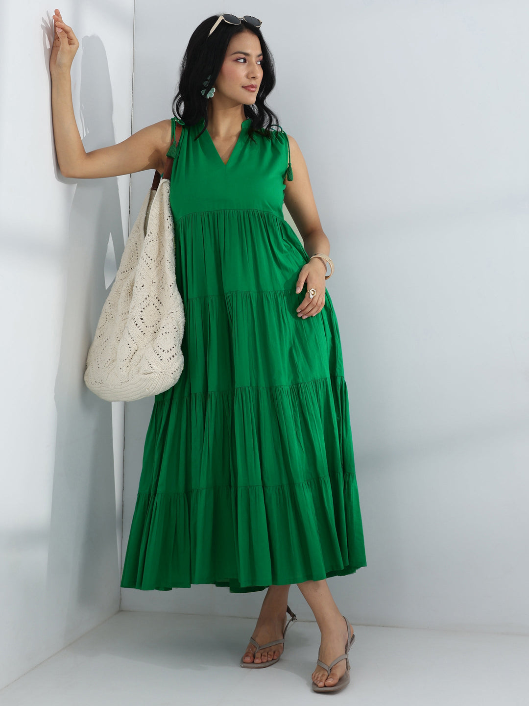 Green Solid Cotton A-Line One-Piece Tiered Dress