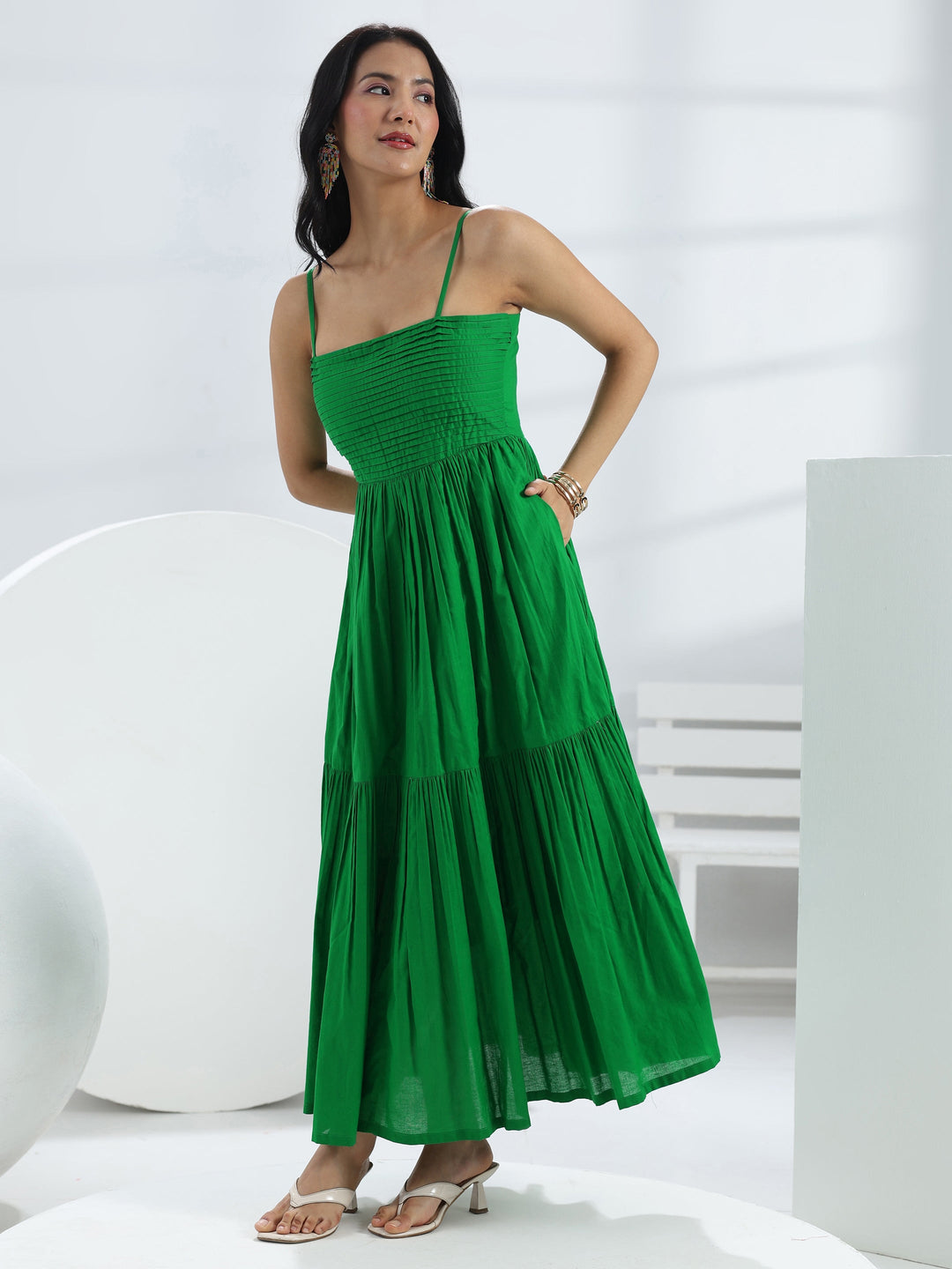 Green Solid Cotton A-Line One-Piece Dress