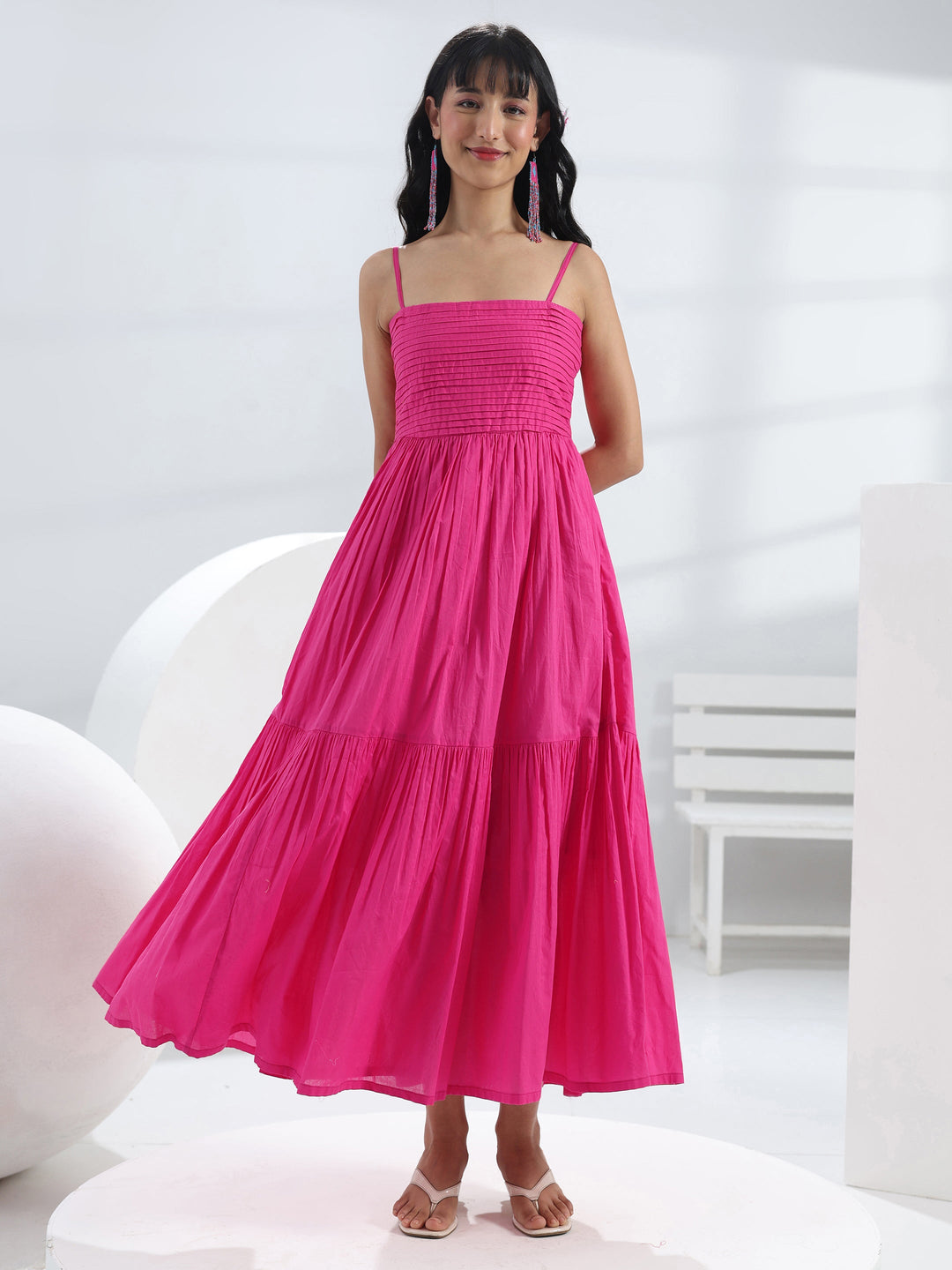 Pink Solid Cotton One-Piece Dress