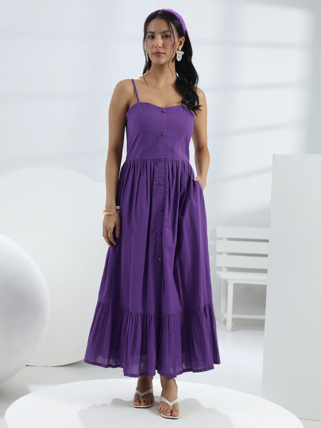 Purple Solid Cotton A-Line One-Piece Dress