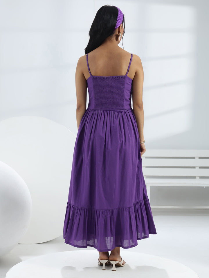 Purple Solid Cotton A-Line One-Piece Dress