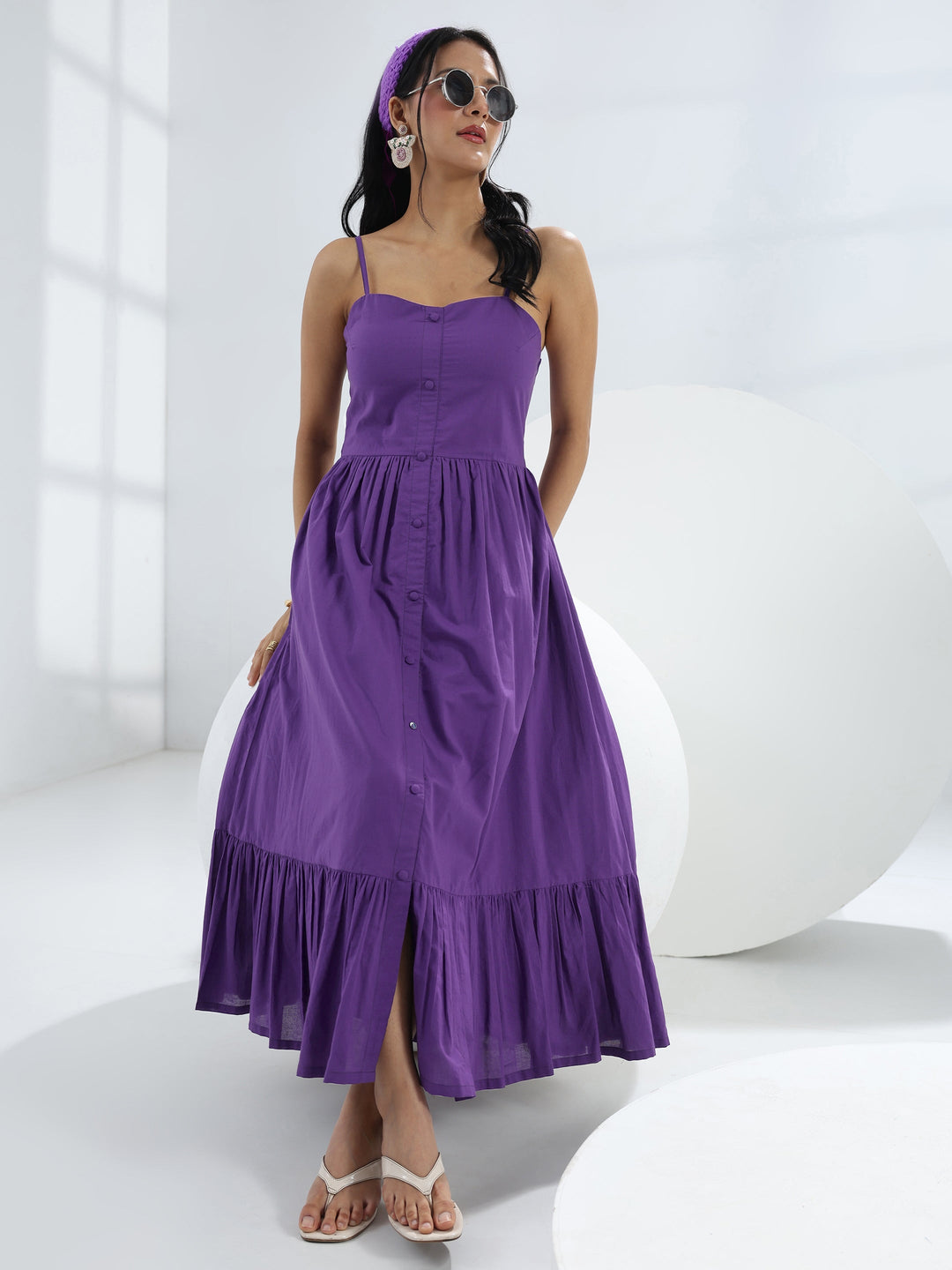 Purple Solid Cotton A-Line One-Piece Dress