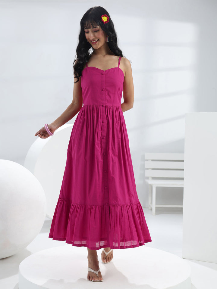 Pink Solid Cotton One-Piece Dress