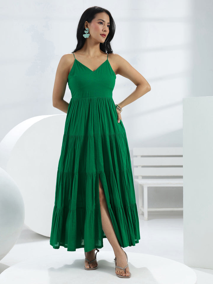 Green Solid Cotton A-Line One-Piece Tiered Dress