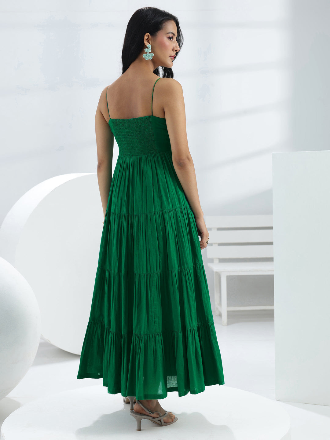 Green Solid Cotton A-Line One-Piece Tiered Dress