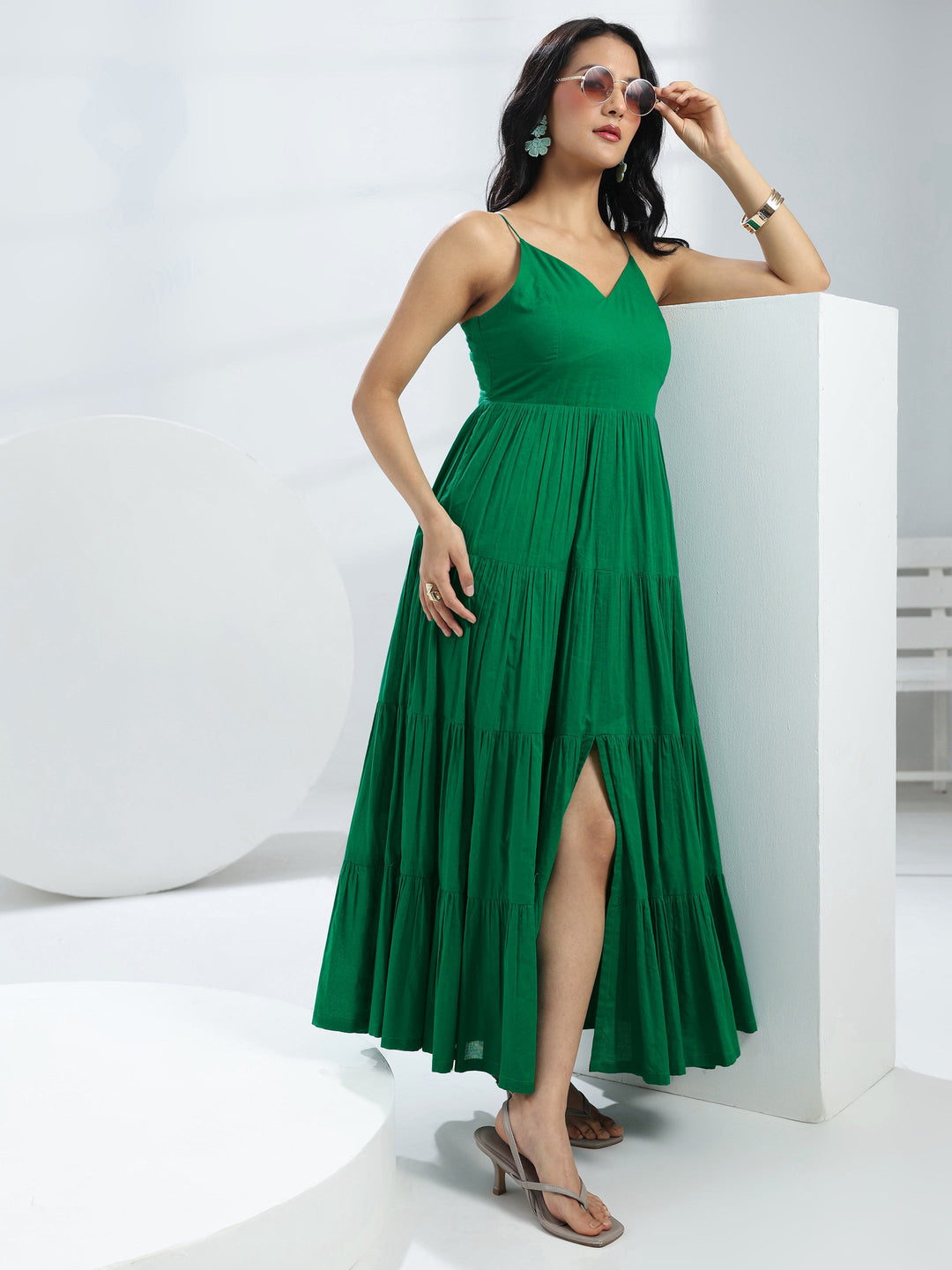 Green Solid Cotton A-Line One-Piece Tiered Dress
