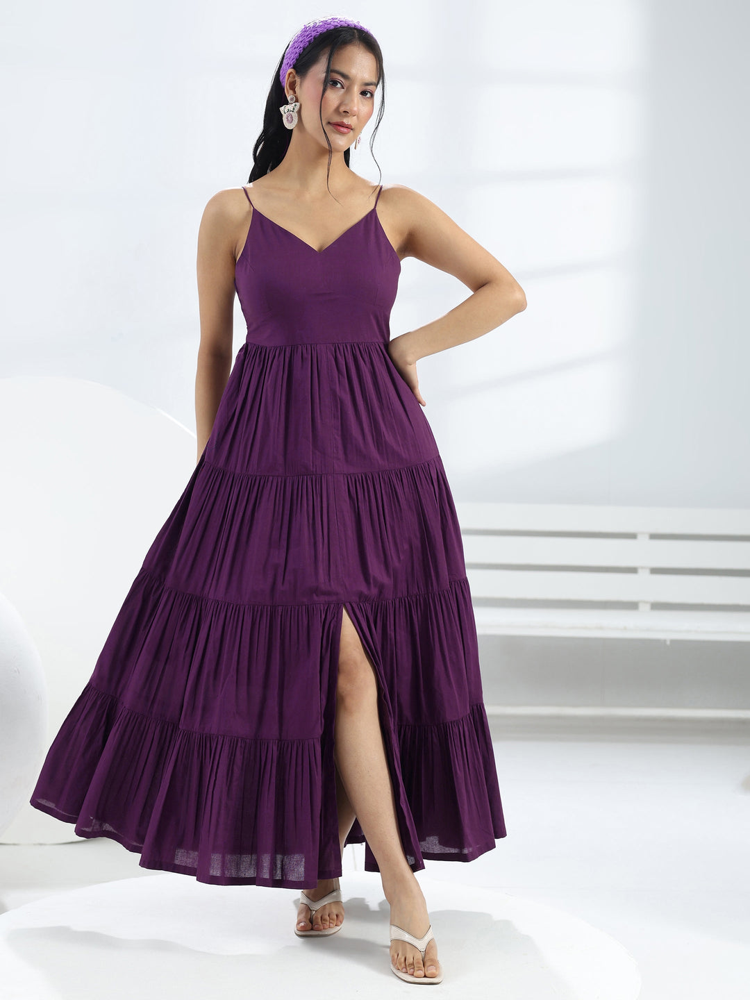Purple Solid Cotton A-Line One-Piece Tiered Dress