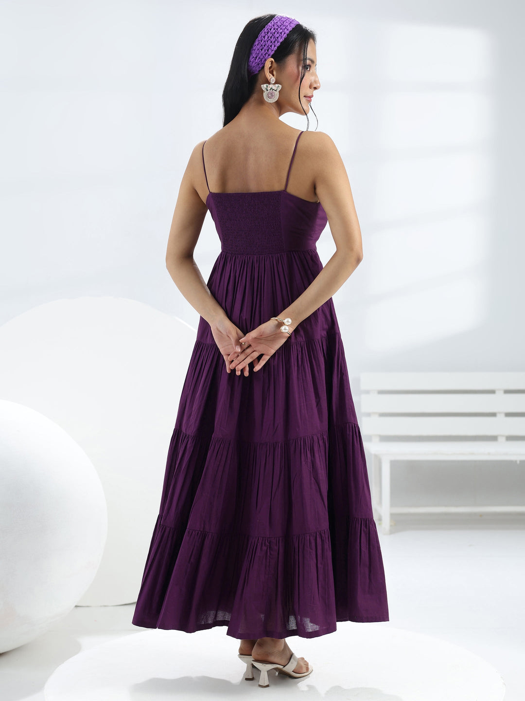 Purple Solid Cotton A-Line One-Piece Tiered Dress