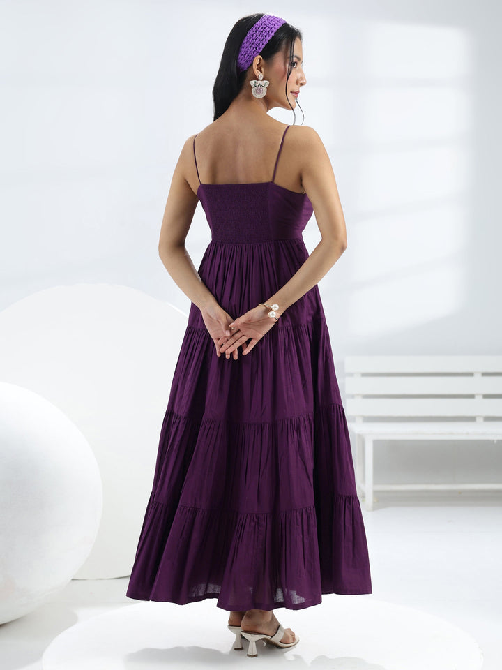 Purple Solid Cotton A-Line One-Piece Tiered Dress