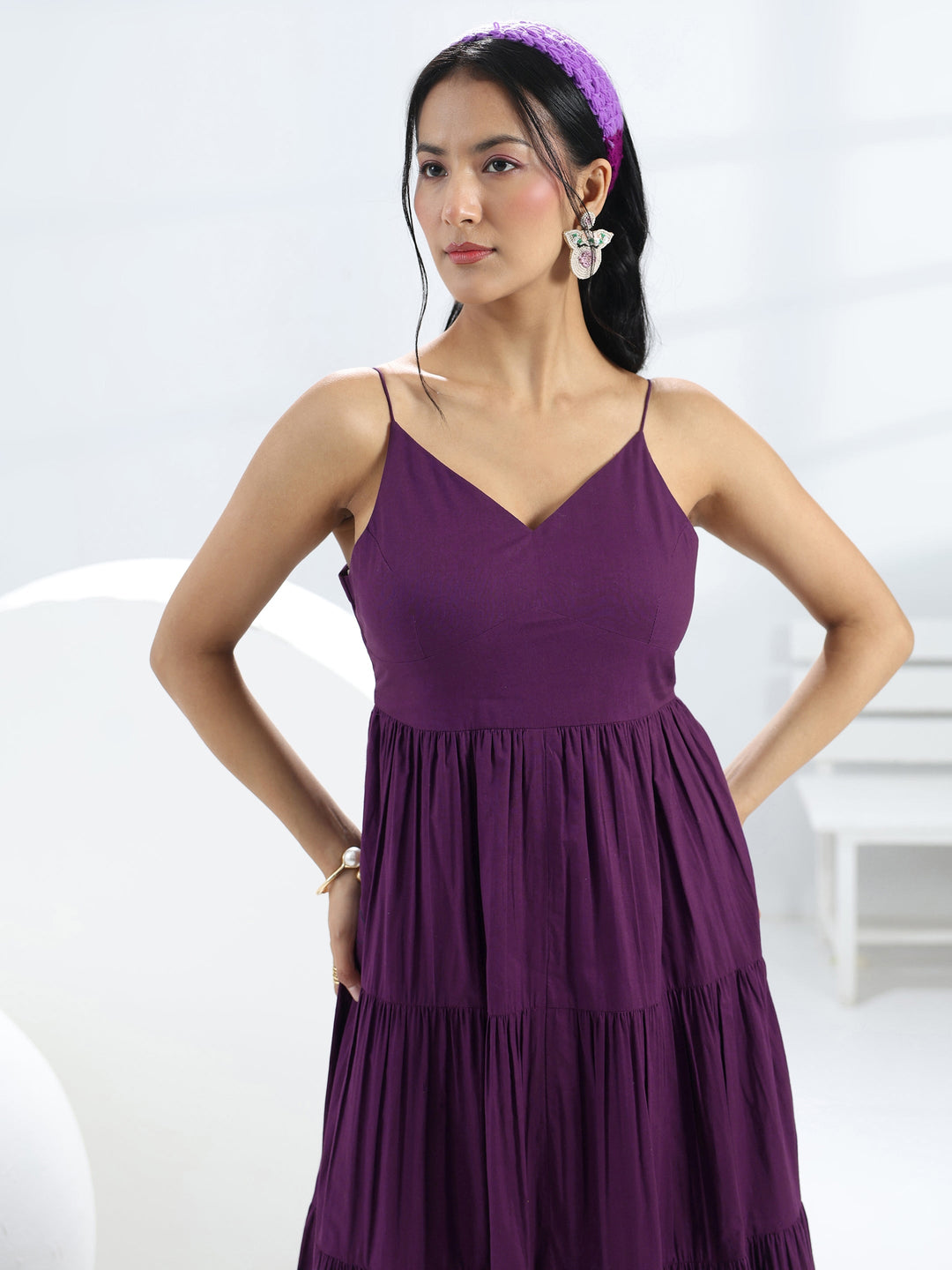 Purple Solid Cotton A-Line One-Piece Tiered Dress
