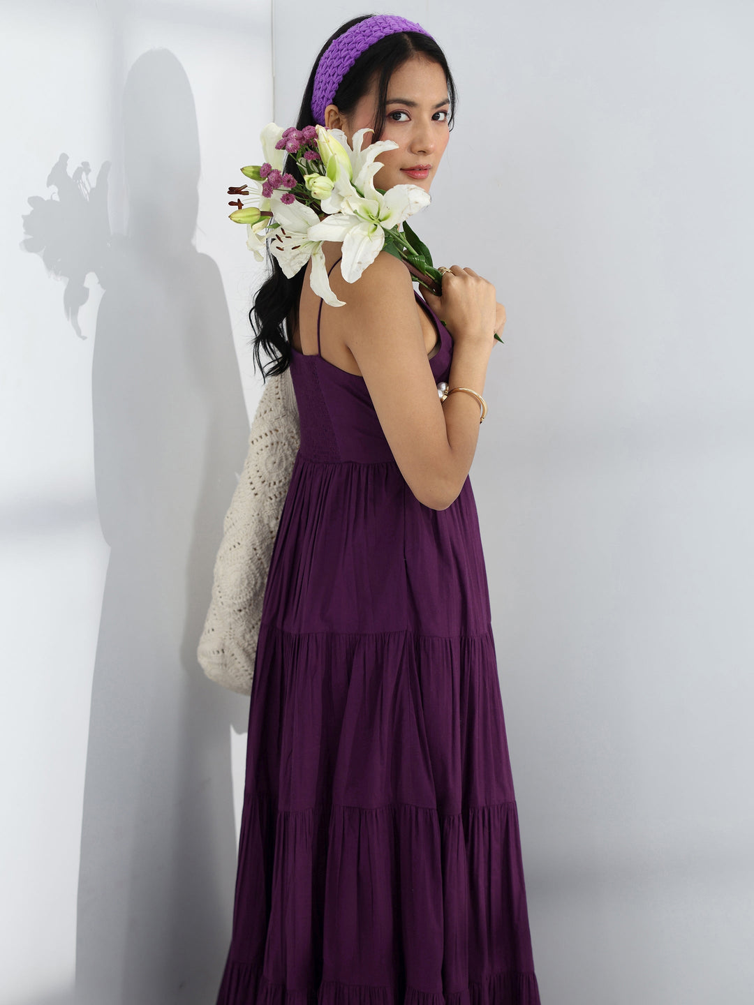 Purple Solid Cotton A-Line One-Piece Tiered Dress