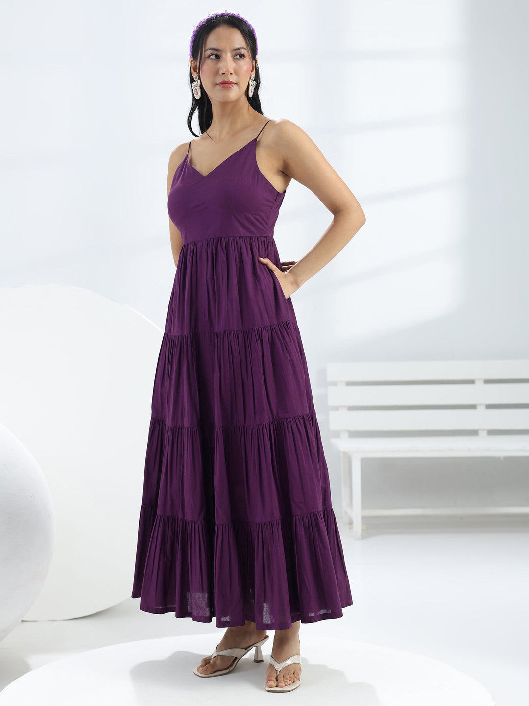 Purple Solid Cotton A-Line One-Piece Tiered Dress
