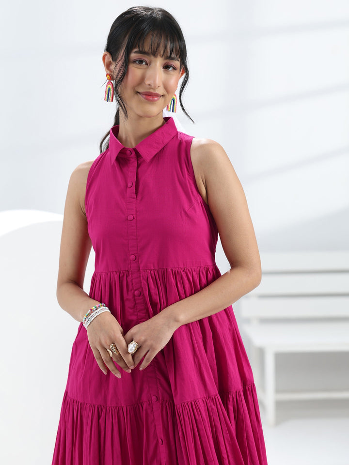 Pink Solid Cotton One-Piece Collar Dress