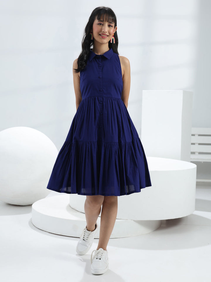 Blue Solid Cotton One-Piece Collar Dress