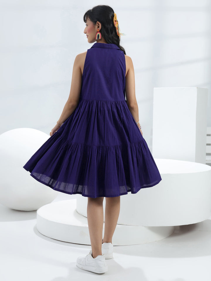 Blue Solid Cotton One-Piece Collar Dress