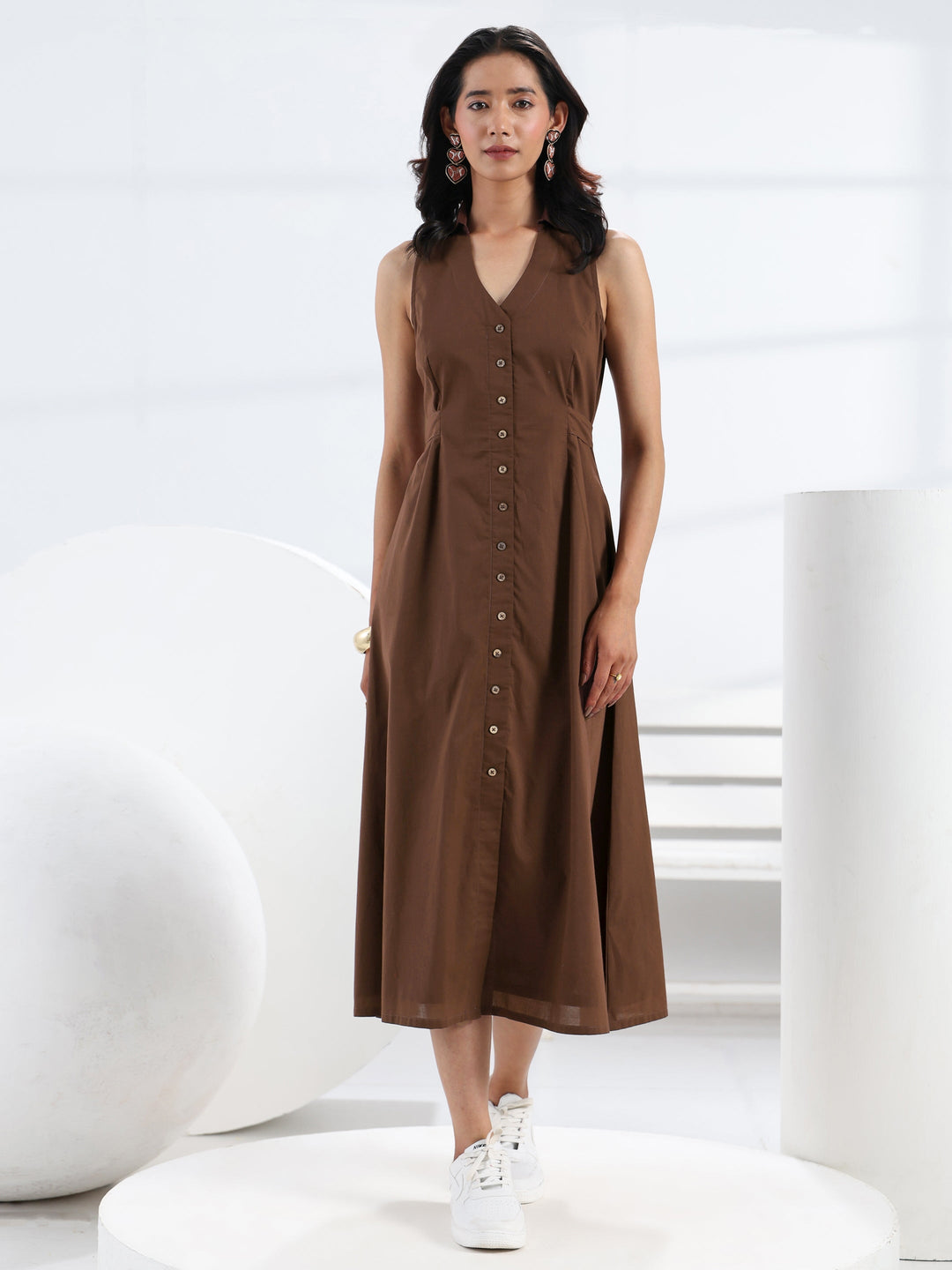 Buy Libas Brown Solid Cotton A-Line One Piece Dress Online in USA at $23.00