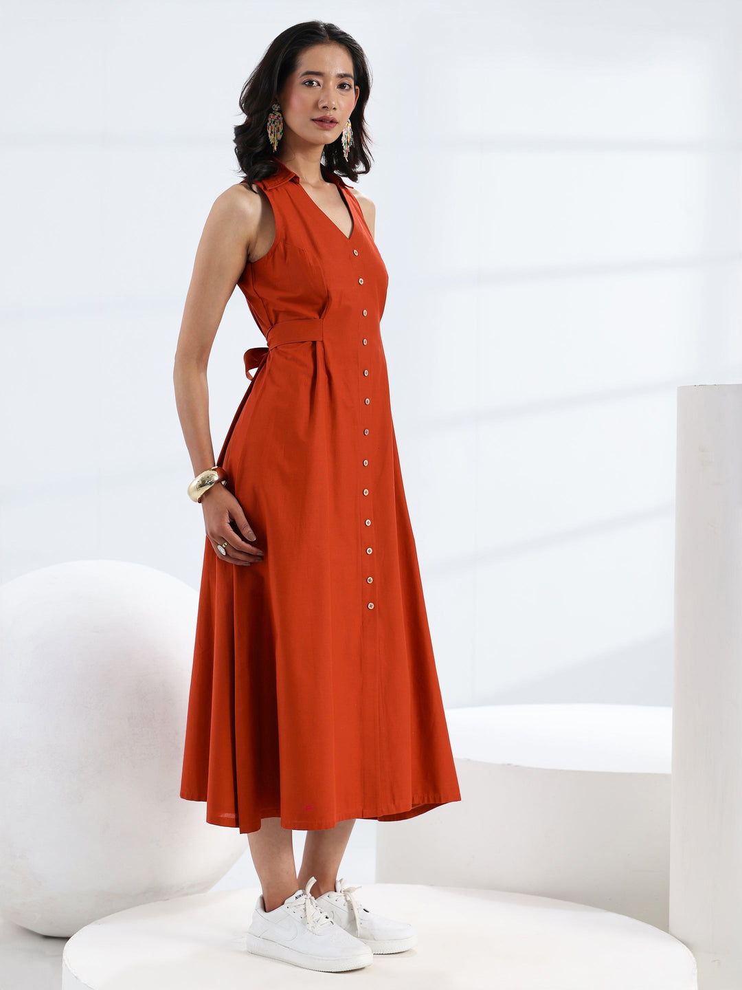 Rust Solid Cotton A-Line One Piece Dress