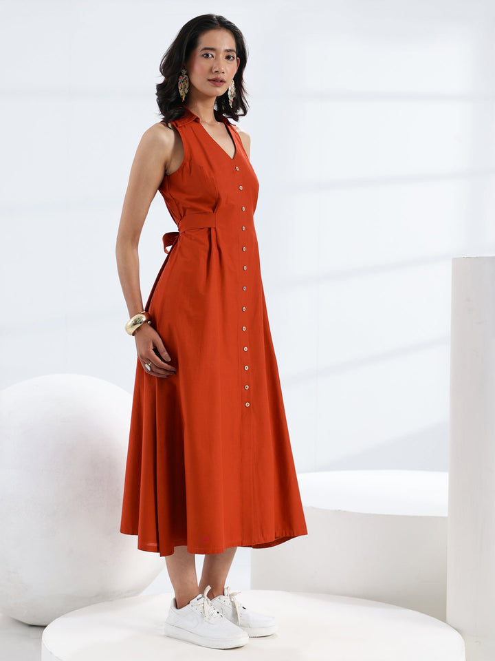Rust Solid Cotton A-Line One Piece Dress
