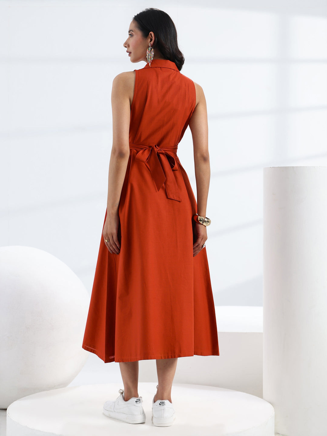 Rust Solid Cotton A-Line One Piece Dress