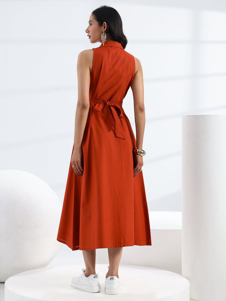 Rust Solid Cotton A-Line One Piece Dress