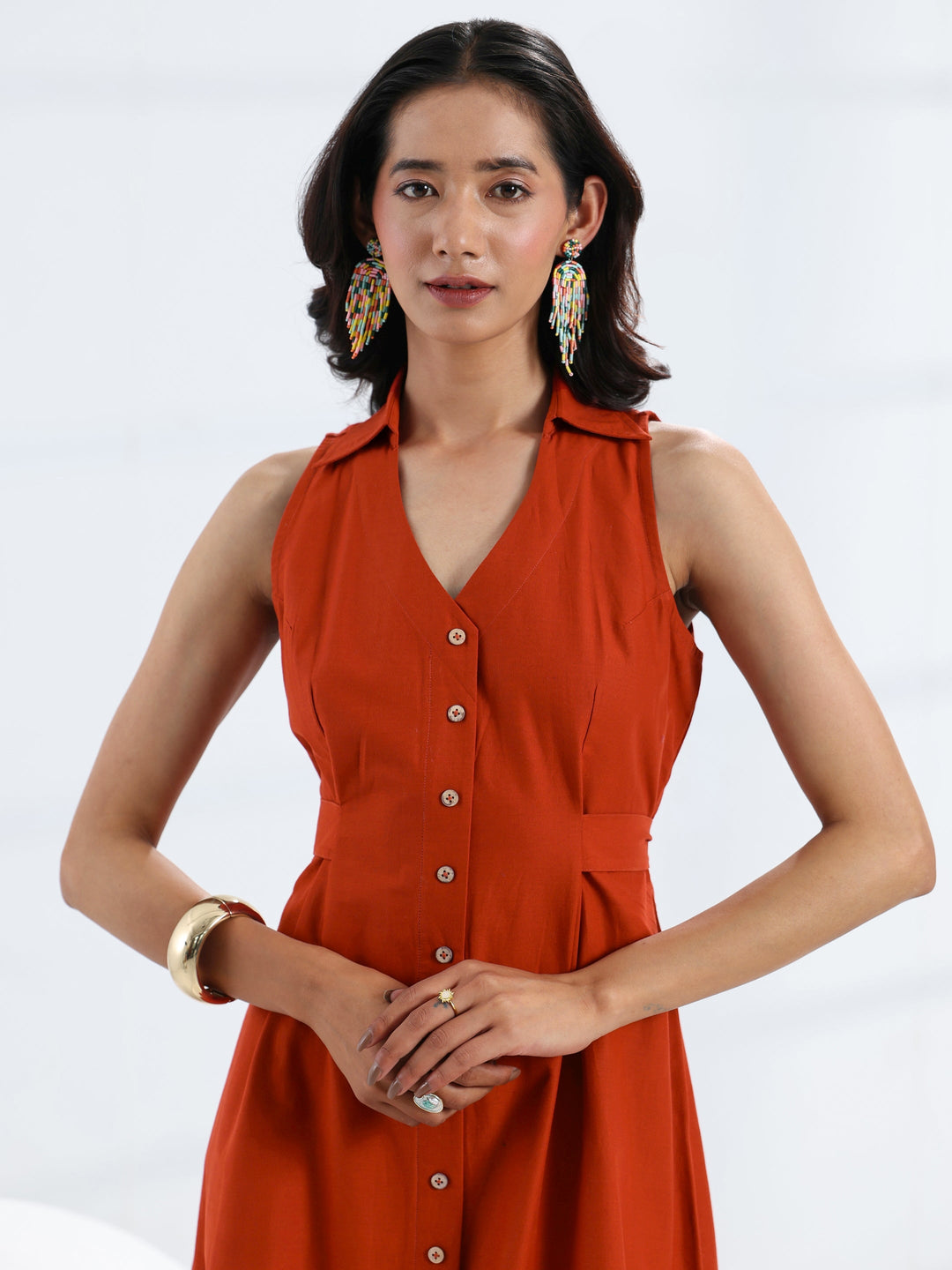 Rust Solid Cotton A-Line One Piece Dress