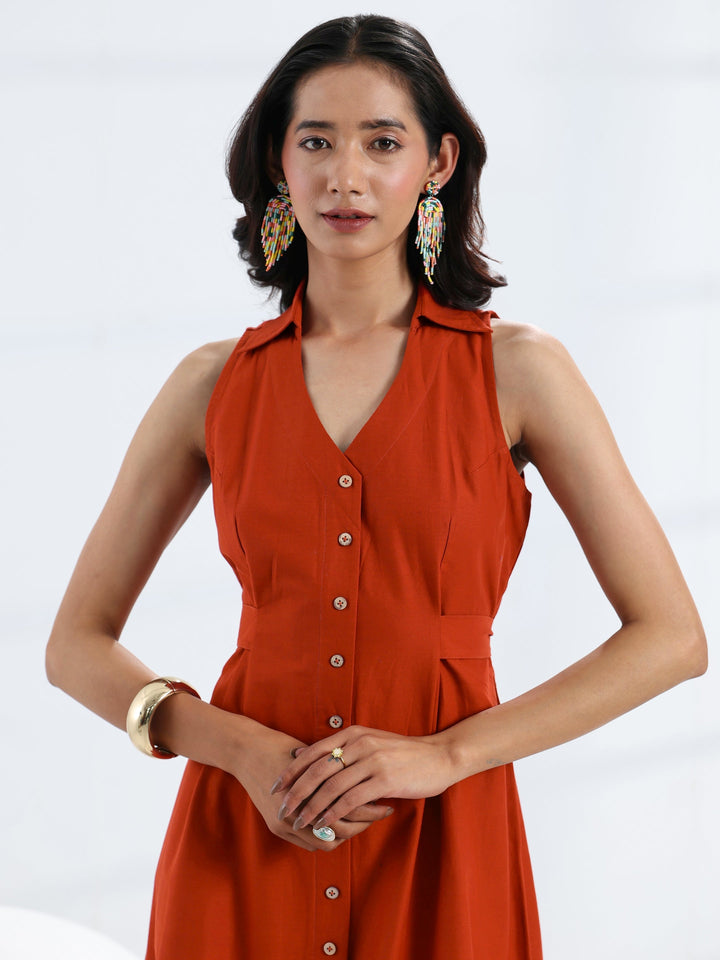 Rust Solid Cotton A-Line One Piece Dress