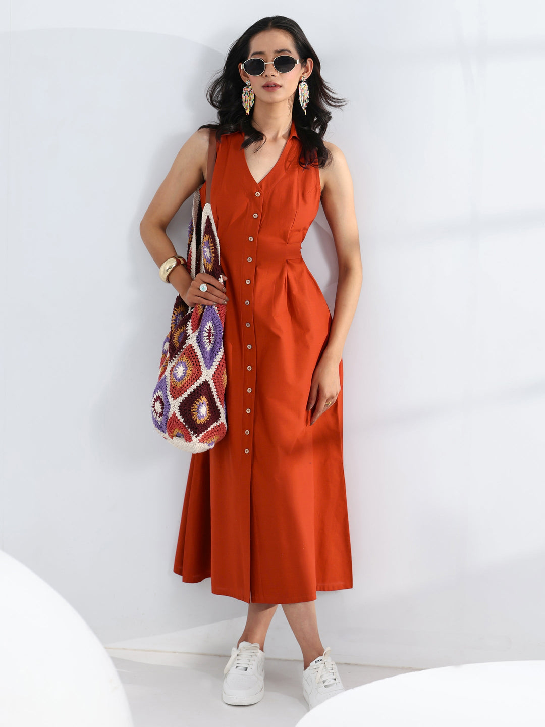 Rust Solid Cotton A-Line One Piece Dress
