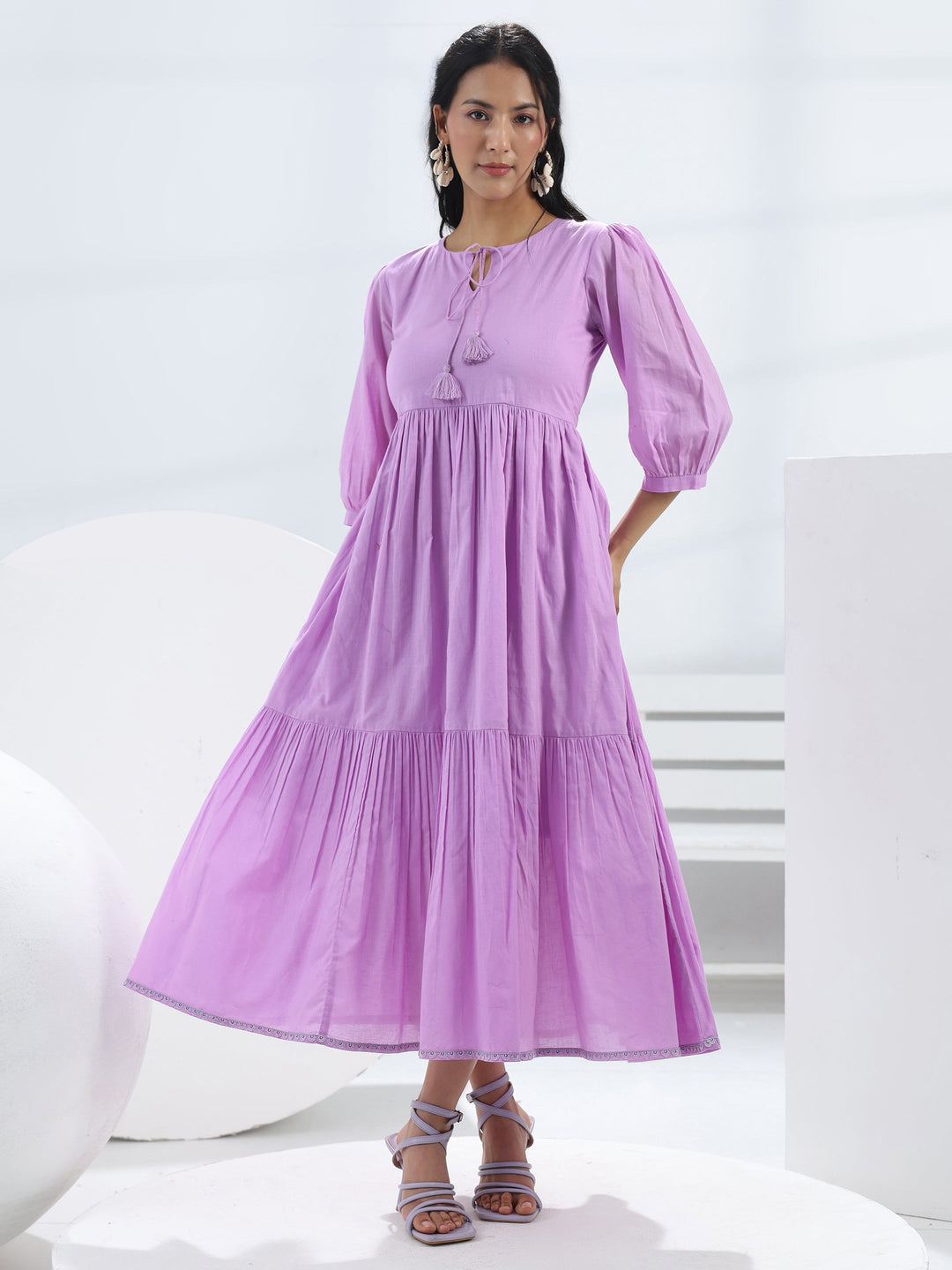 Lavender Solid Cotton A-Line One-Piece Dress