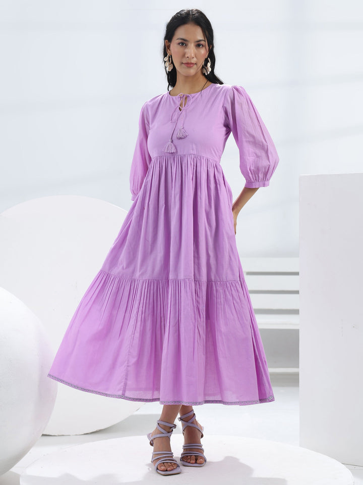 Lavender Solid Cotton A-Line One-Piece Dress