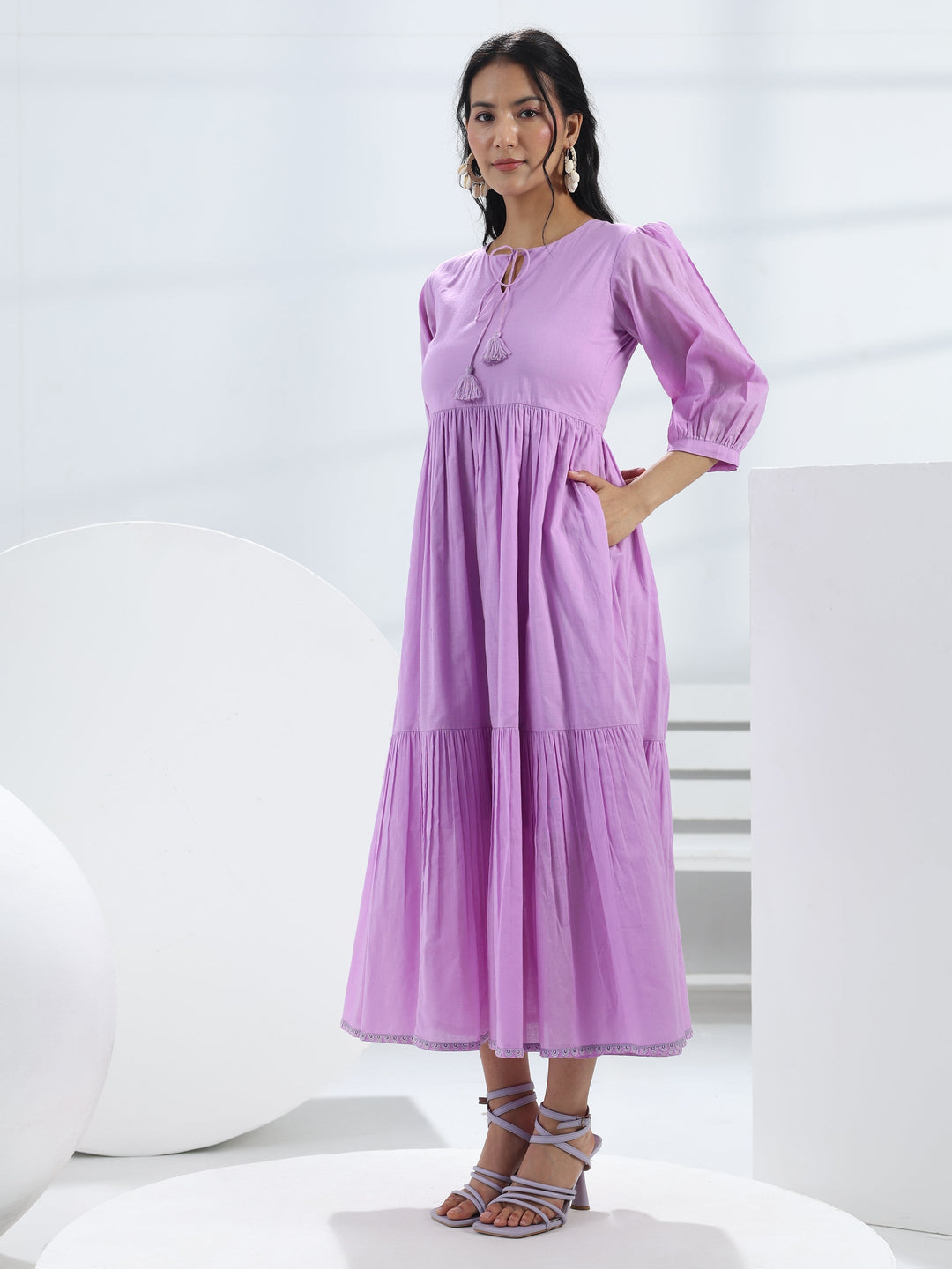 Lavender Solid Cotton A-Line One-Piece Dress