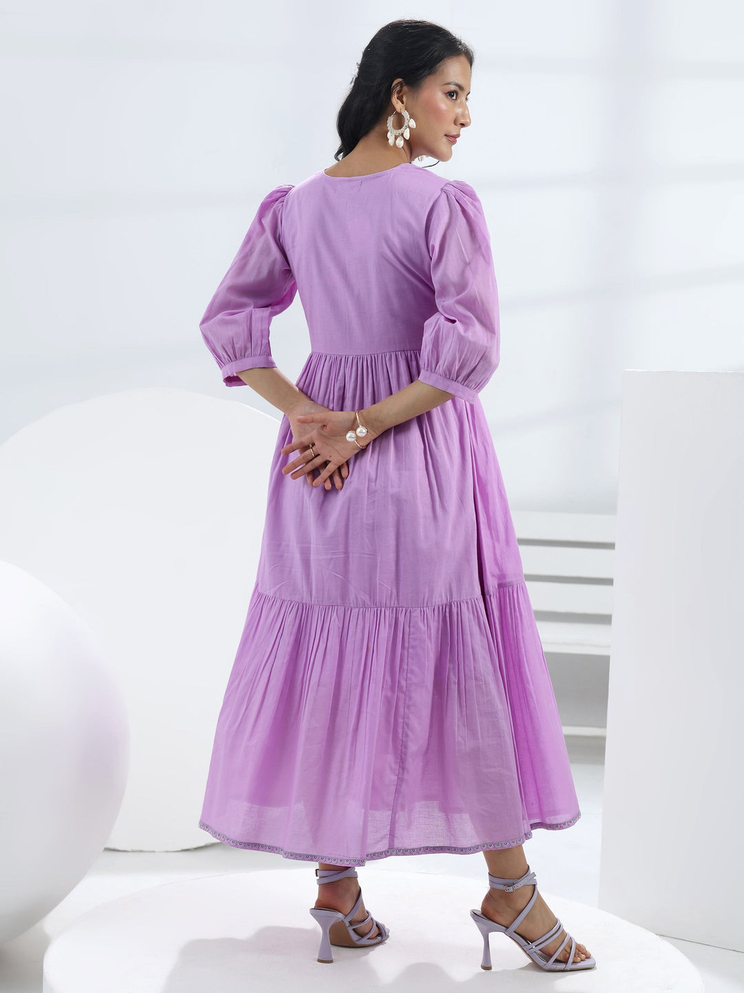 Lavender Solid Cotton A-Line One-Piece Dress