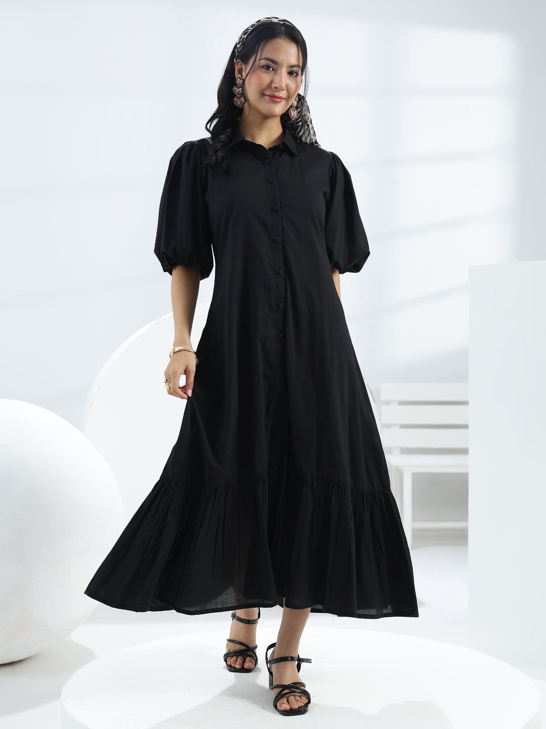 Black Solid Cotton A-Line One-Piece Dress