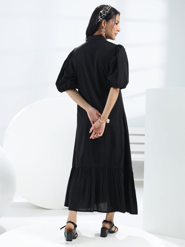 Black Solid Cotton A-Line One-Piece Dress