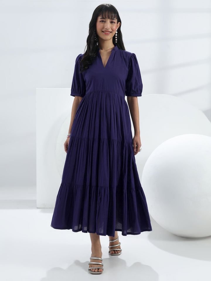 Navy Blue Solid Cotton One-Piece Tiered Dress